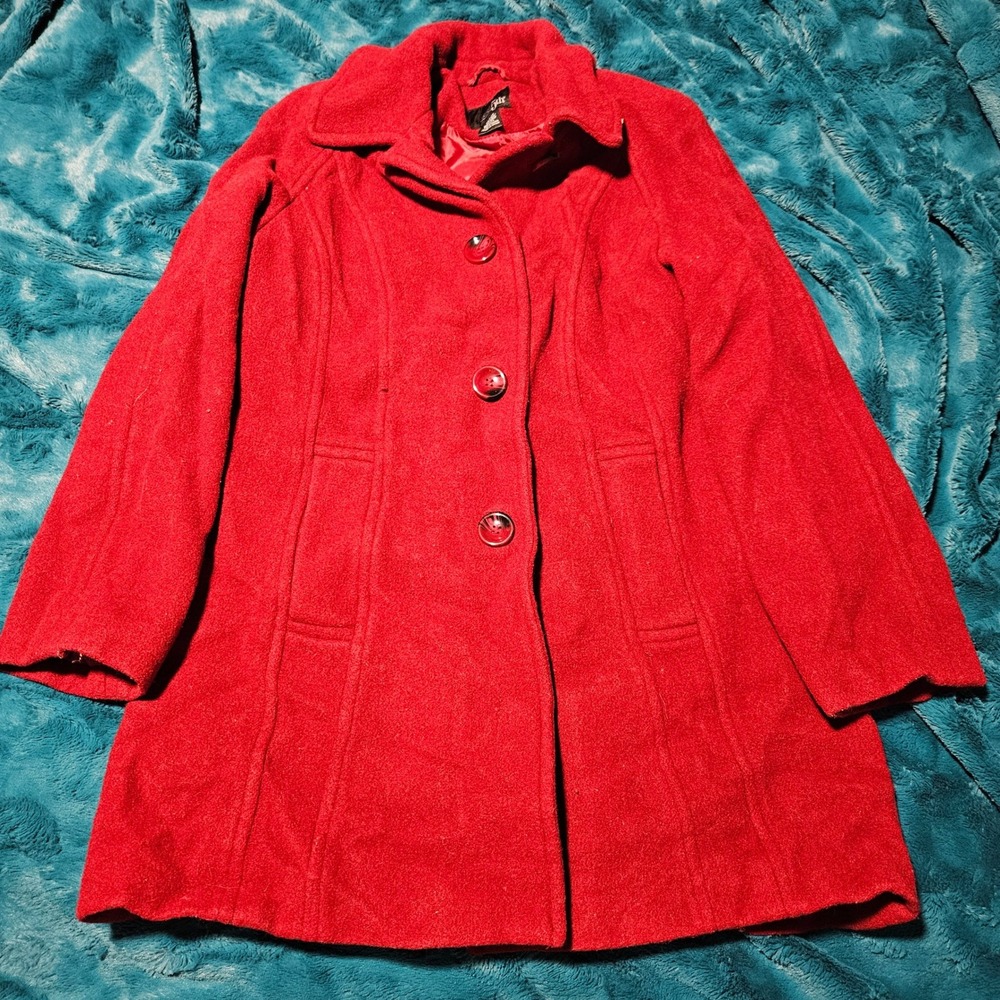 East 5th Petite M Red Wool Blend Coat Jacket, Collared, Button Up, Fall‎ Winter